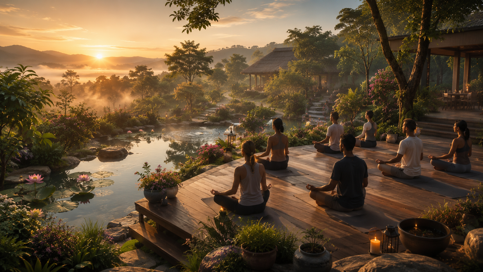 Group meditation at sunrise by a lotus pond
